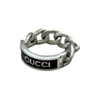 Gucci Screener Chain-Link Enamel Logo Ring