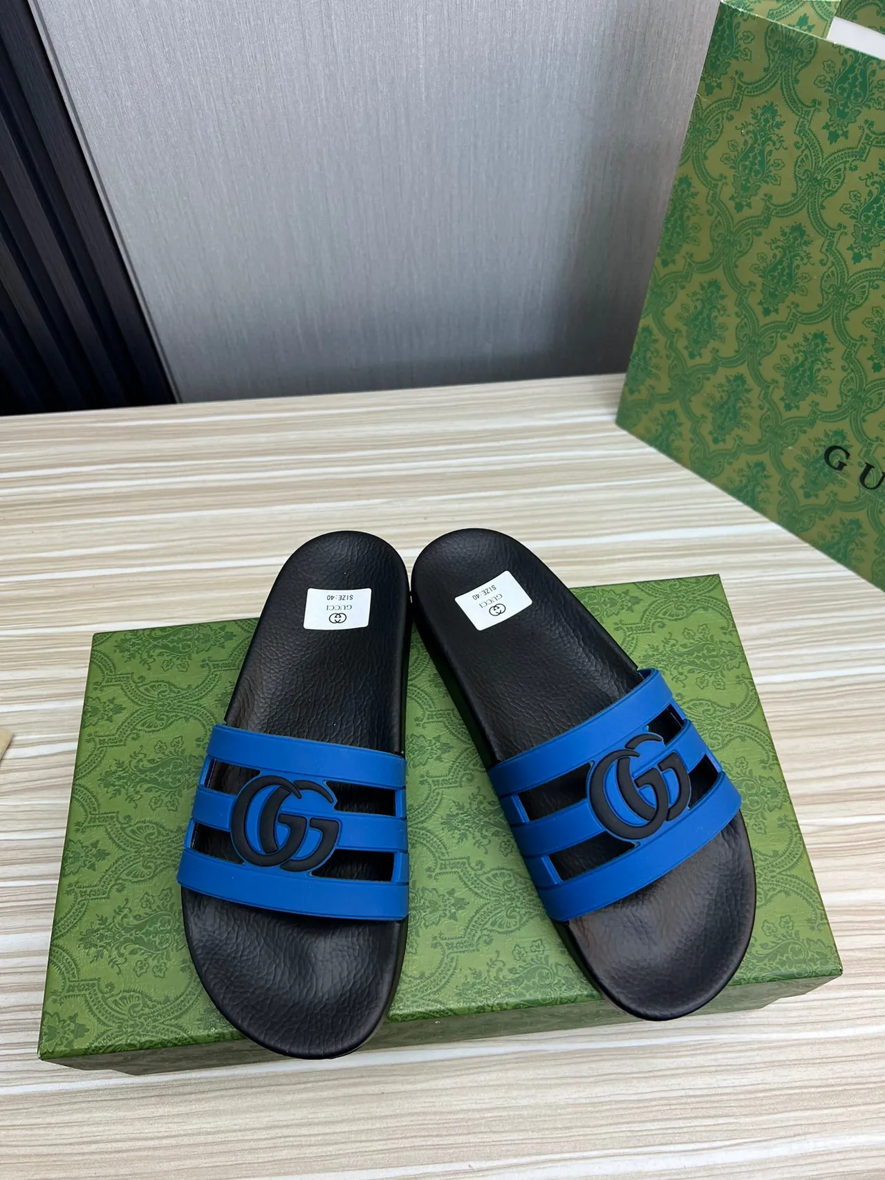 Gucci Screener Interlocking G Blue and Black Slippers 9