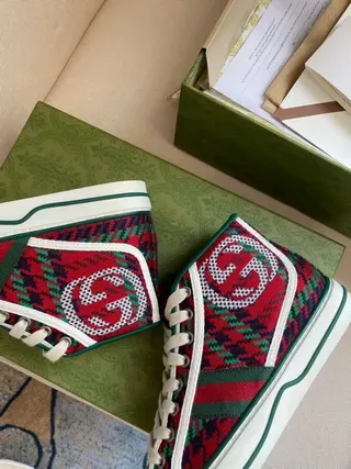 Gucci Screener Red Green Plaid High-Top Lifestyle Sneakers 2