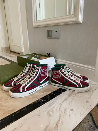 Gucci Screener Red Green Plaid High-Top Lifestyle Sneakers 3