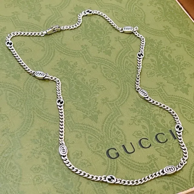 Gucci Silver Black Curb Chain Interlocking GG Logo Links Necklace 2