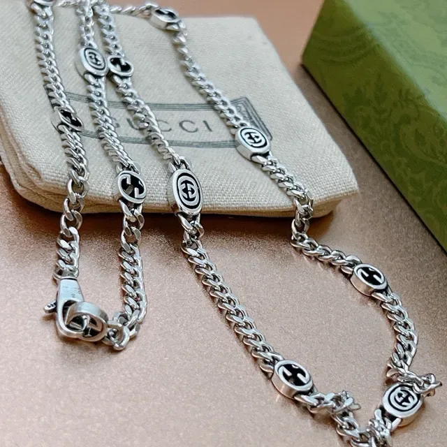 Gucci Silver Black Curb Chain Interlocking GG Logo Links Necklace 6