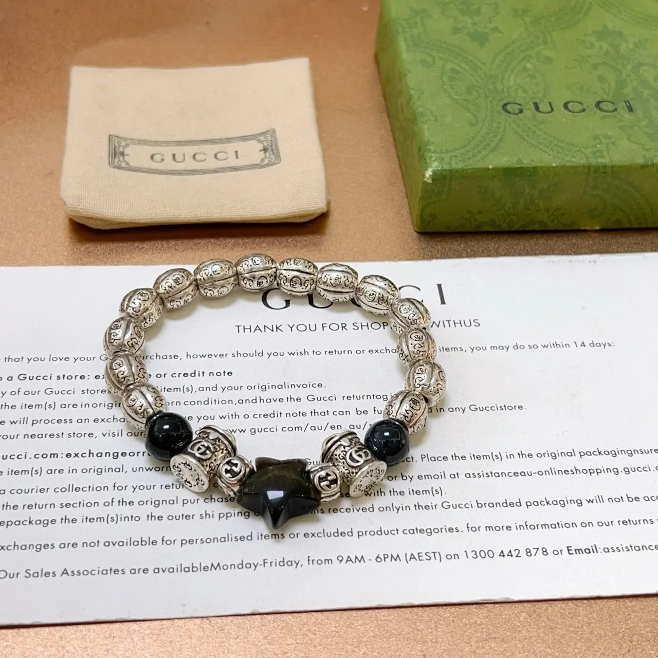 Gucci Silver Black Ornate Engraved Metal Beads Interlocking G Charms Bracelet 2
