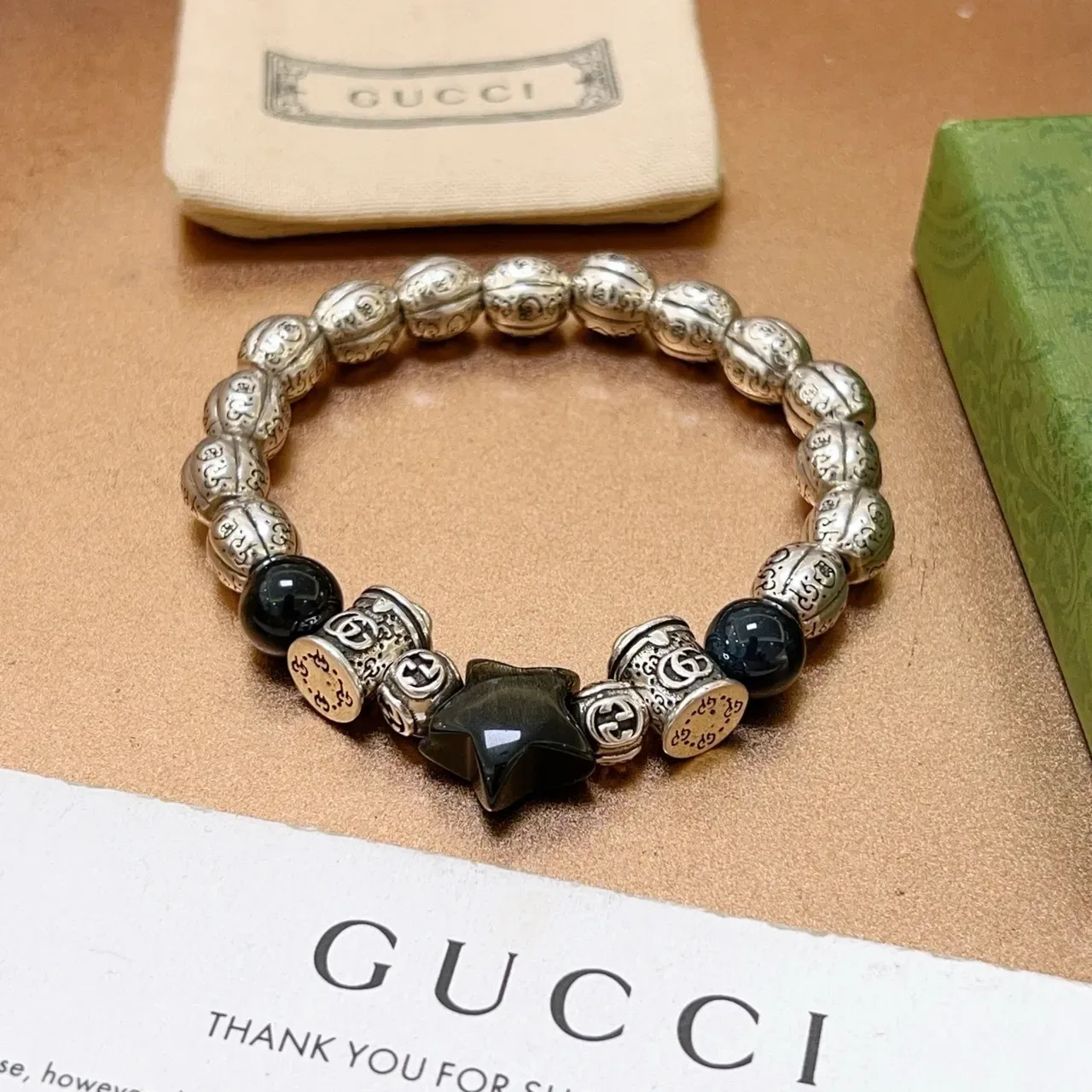 Gucci Silver Black Ornate Engraved Metal Beads Interlocking G Charms Bracelet 3