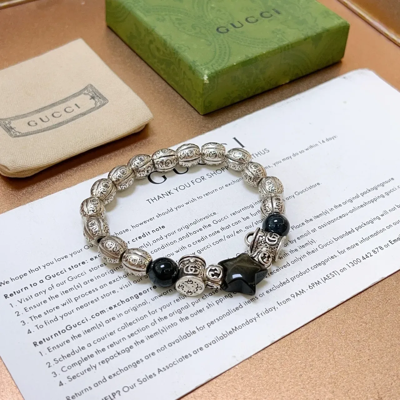 Gucci Silver Black Ornate Engraved Metal Beads Interlocking G Charms Bracelet 6