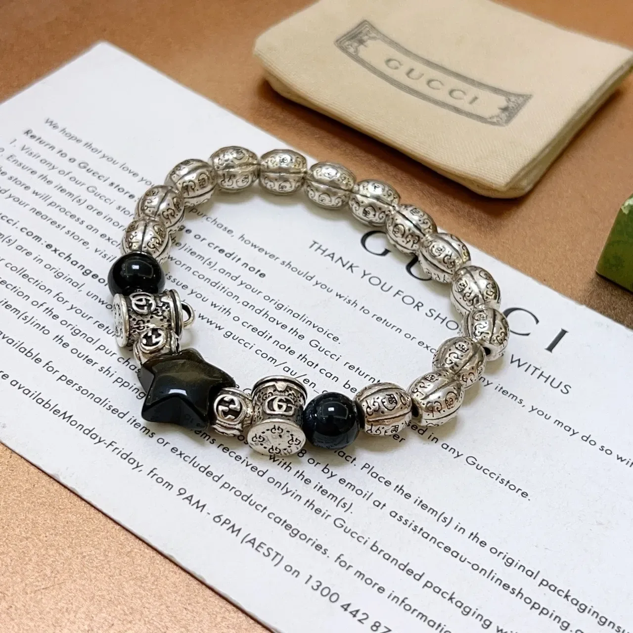 Gucci Silver Black Ornate Engraved Metal Beads Interlocking G Charms Bracelet 9