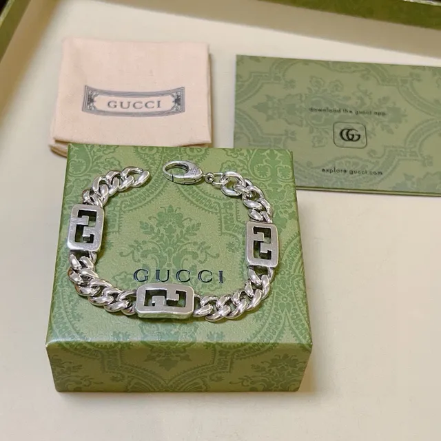 Gucci Silver Chunky Curb Chain Interlocking G Logo Links Bracelet 9