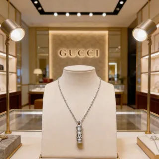Gucci Silver Cylindrical Pendant Interlocking G Logo Necklace