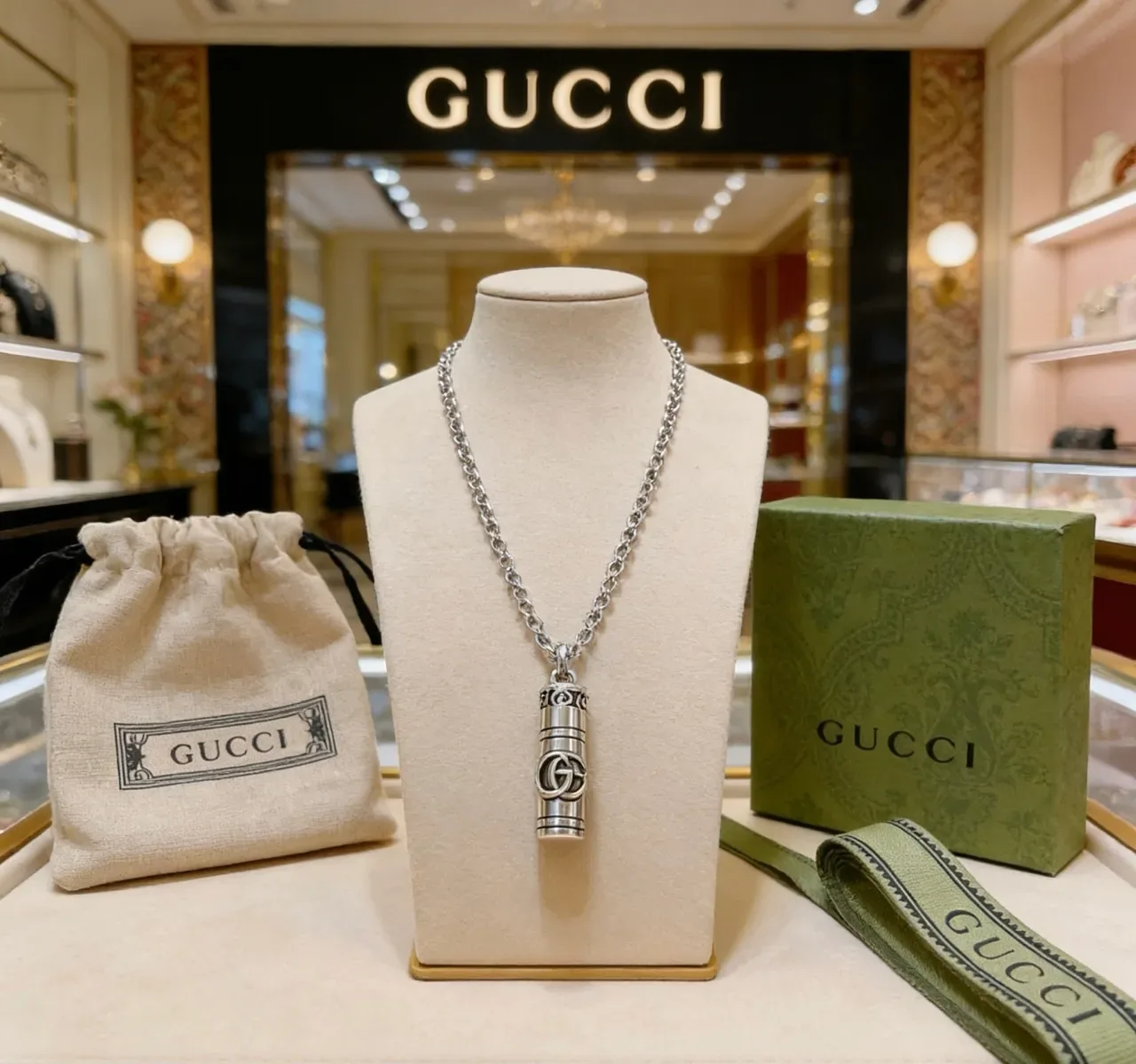 Gucci Silver Cylindrical Pendant Interlocking G Logo Necklace 4