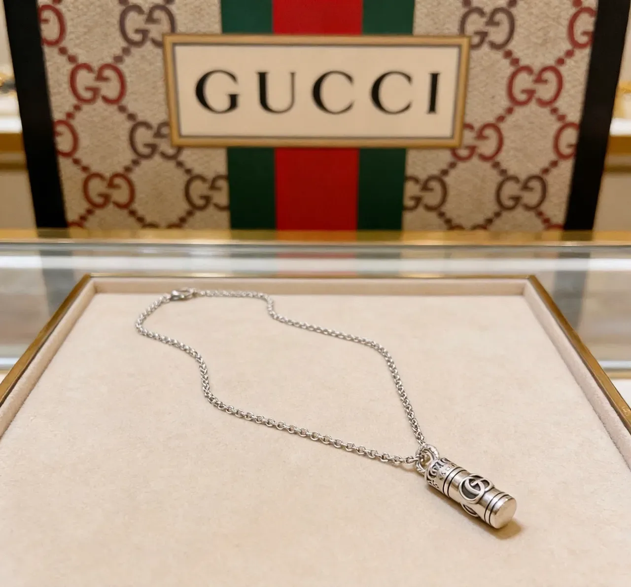 Gucci Silver Cylindrical Pendant Interlocking G Logo Necklace 9