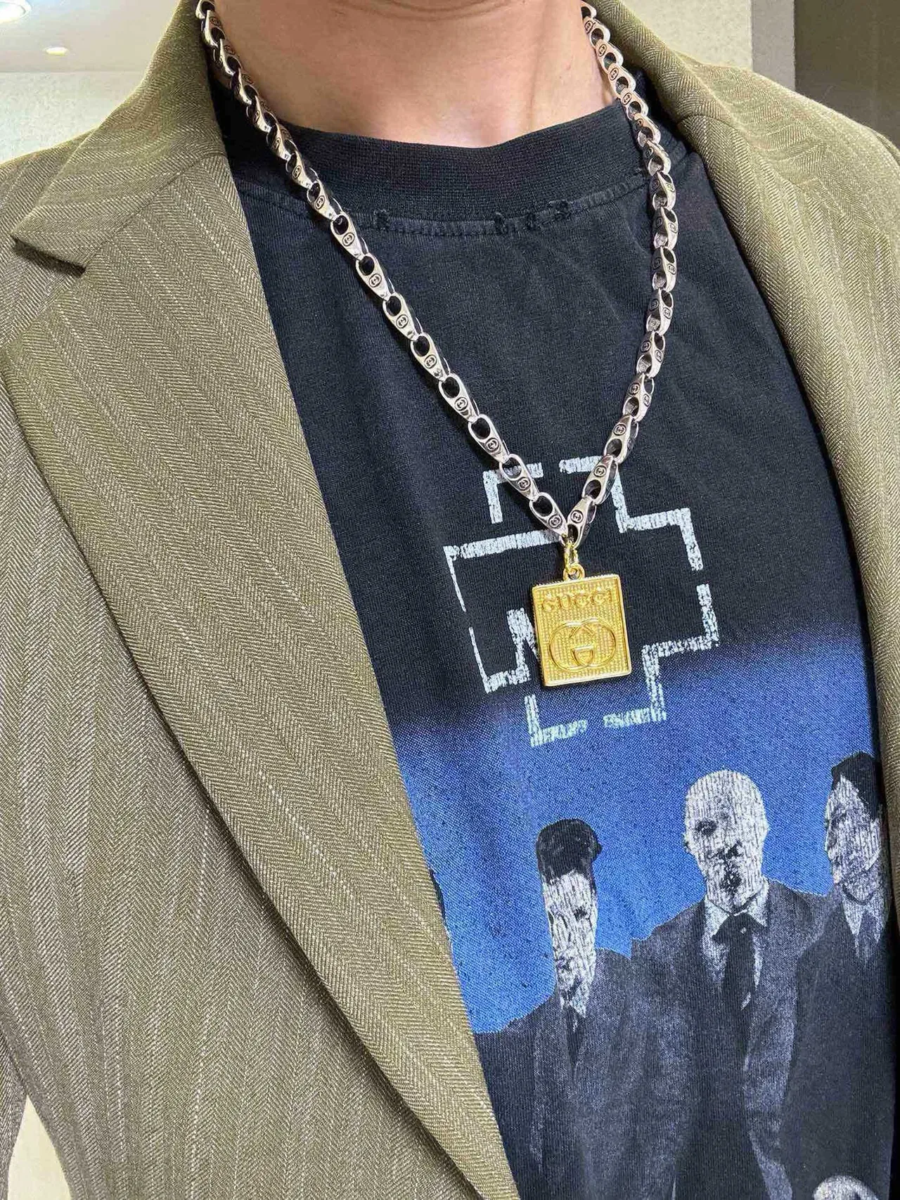 Gucci Silver Gold Link Chain Square Pendant Necklace 2