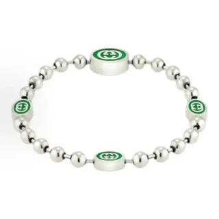 Gucci Pulsera de Cadena de Bolas Plateada Verde Construcción Interlocking G Logo Medallones