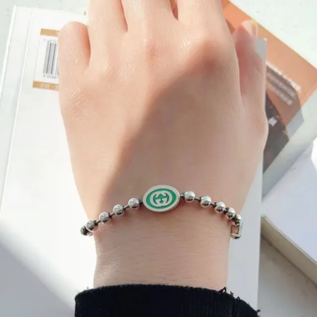 Gucci Silver Green Ball-Chain Construction Interlocking G Logo Medallions Bracelet 2