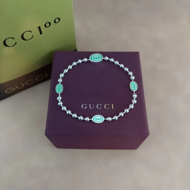 Gucci Silver Green Ball-Chain Construction Interlocking G Logo Medallions Bracelet 6
