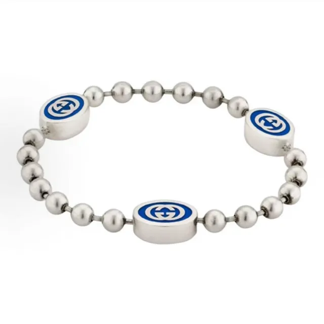 Gucci Silver Green Ball-Chain Construction Interlocking G Logo Medallions Bracelet 9