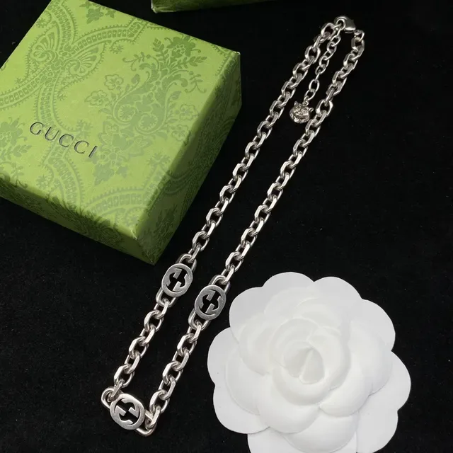 Gucci Silver Green Chunky Curb Chain Interlocking G Motif Necklace 7