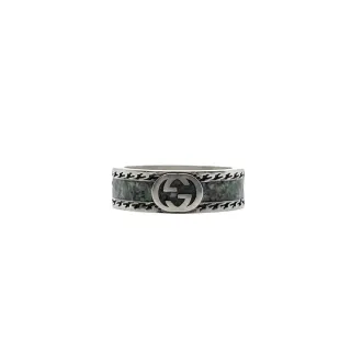 Gucci Silver Green Wide Band Interlocking GG Logo Ring
