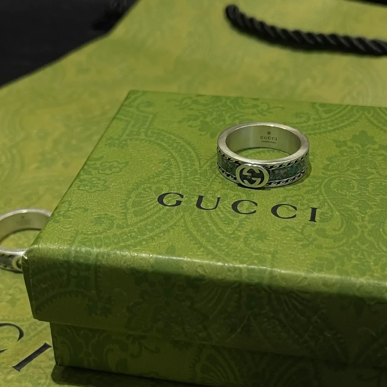 Gucci Silver Green Wide Band Interlocking GG Logo Ring 4