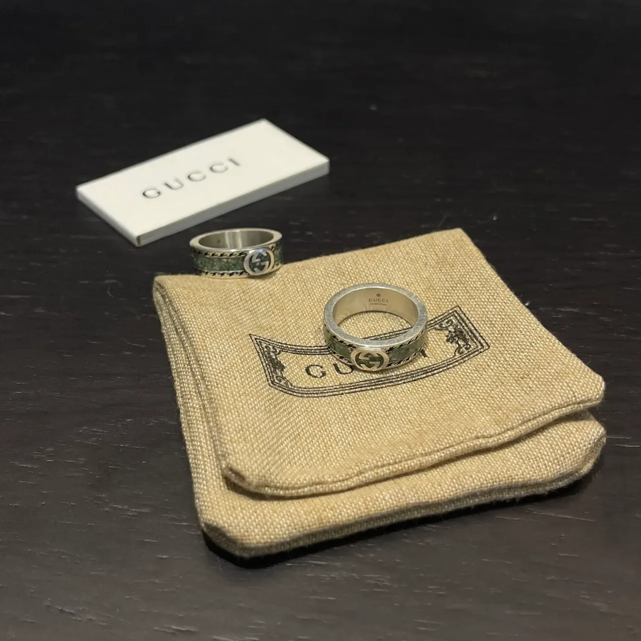 Gucci Silver Green Wide Band Interlocking GG Logo Ring 6