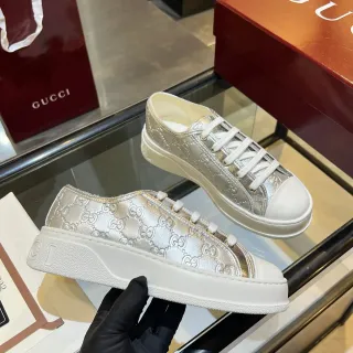 Gucci Silver White GG Monogram Embossed Metallic Upper Lifestyle Sneakers
