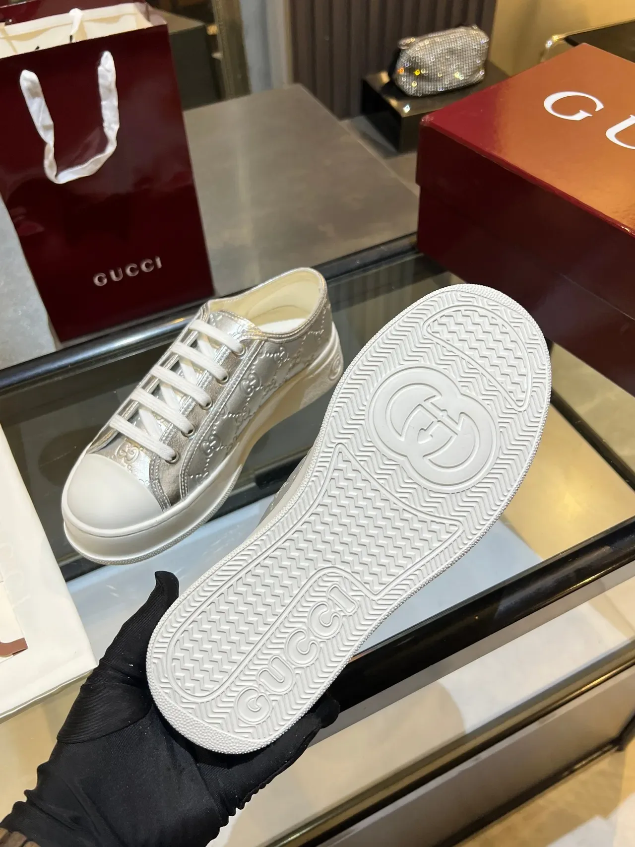Gucci Silver White GG Monogram Embossed Metallic Upper Lifestyle Sneakers 2