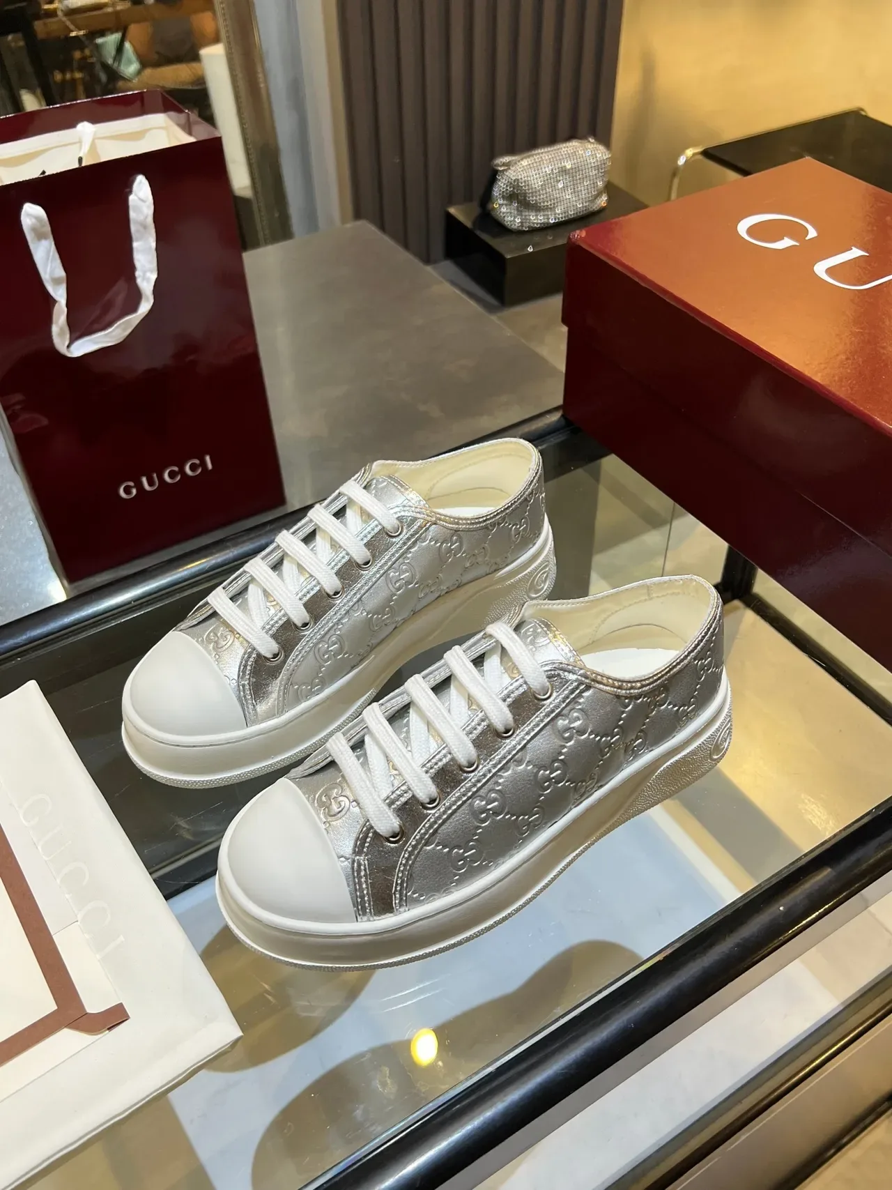 Gucci Silver White GG Monogram Embossed Metallic Upper Lifestyle Sneakers 3