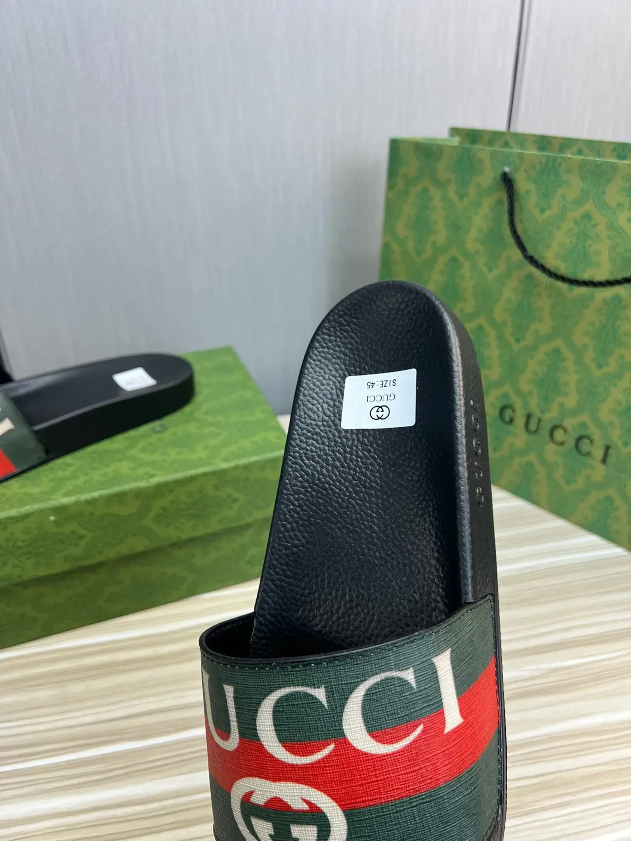 Gucci Slide Black and Green Web Strap Slippers 3