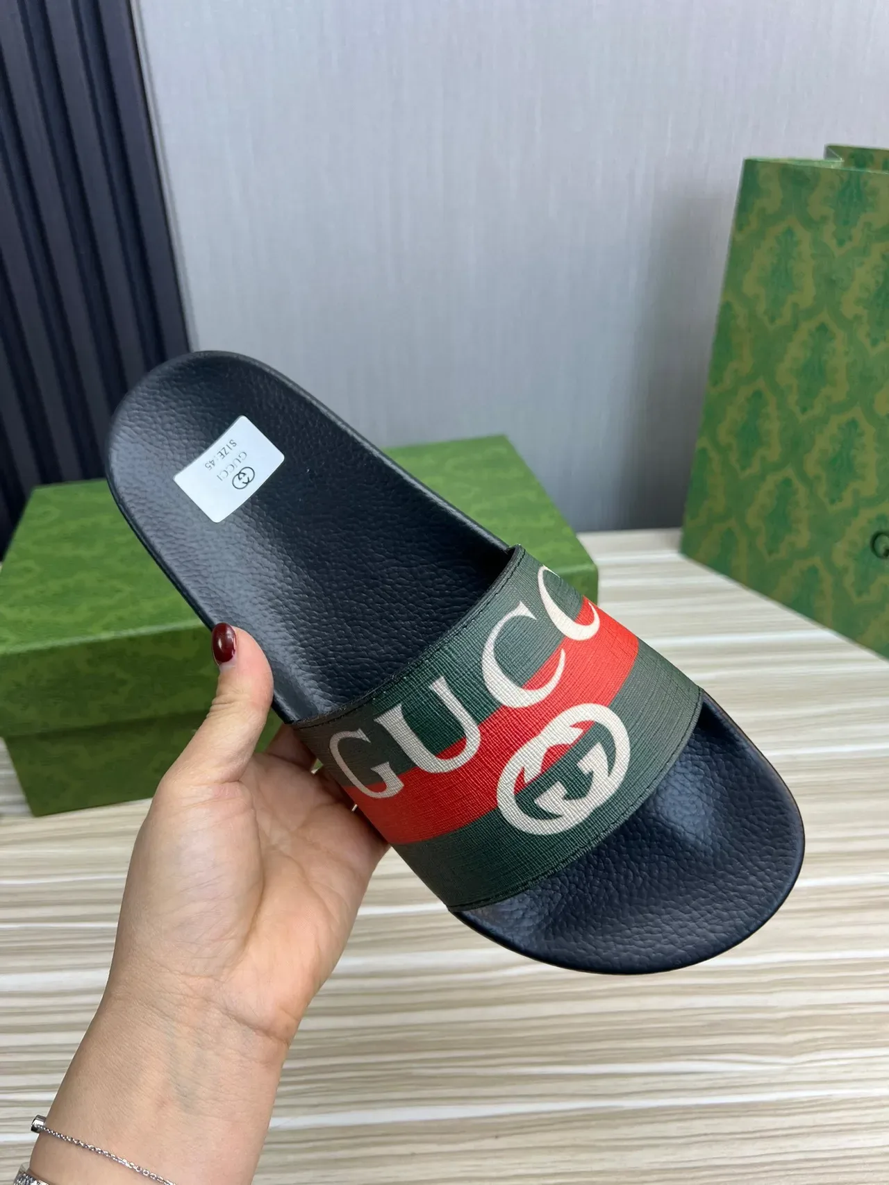 Gucci Slide Black and Green Web Strap Slippers 4