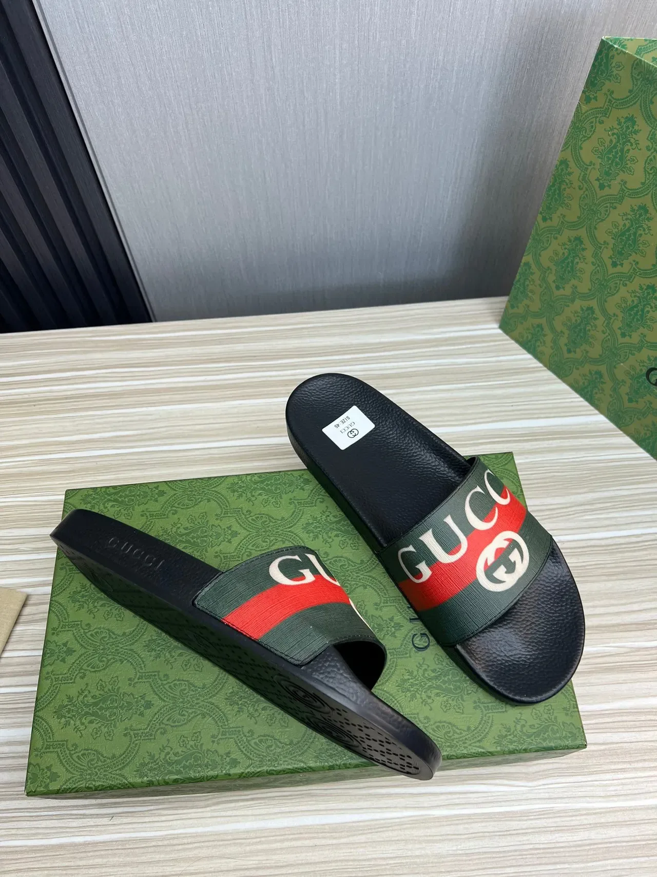 Gucci Slide Black and Green Web Strap Slippers 5