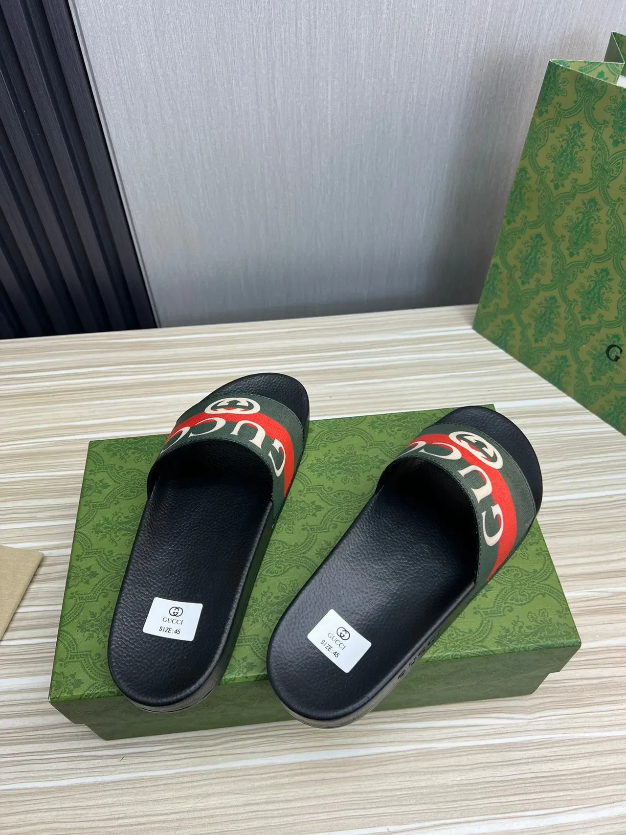Gucci Slide Black and Green Web Strap Slippers 6