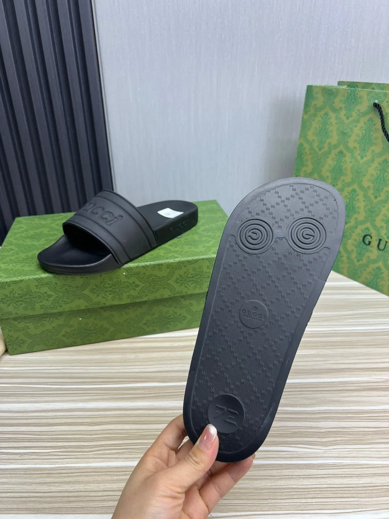Gucci Slide Black Embossed Logo Strap Slippers 2