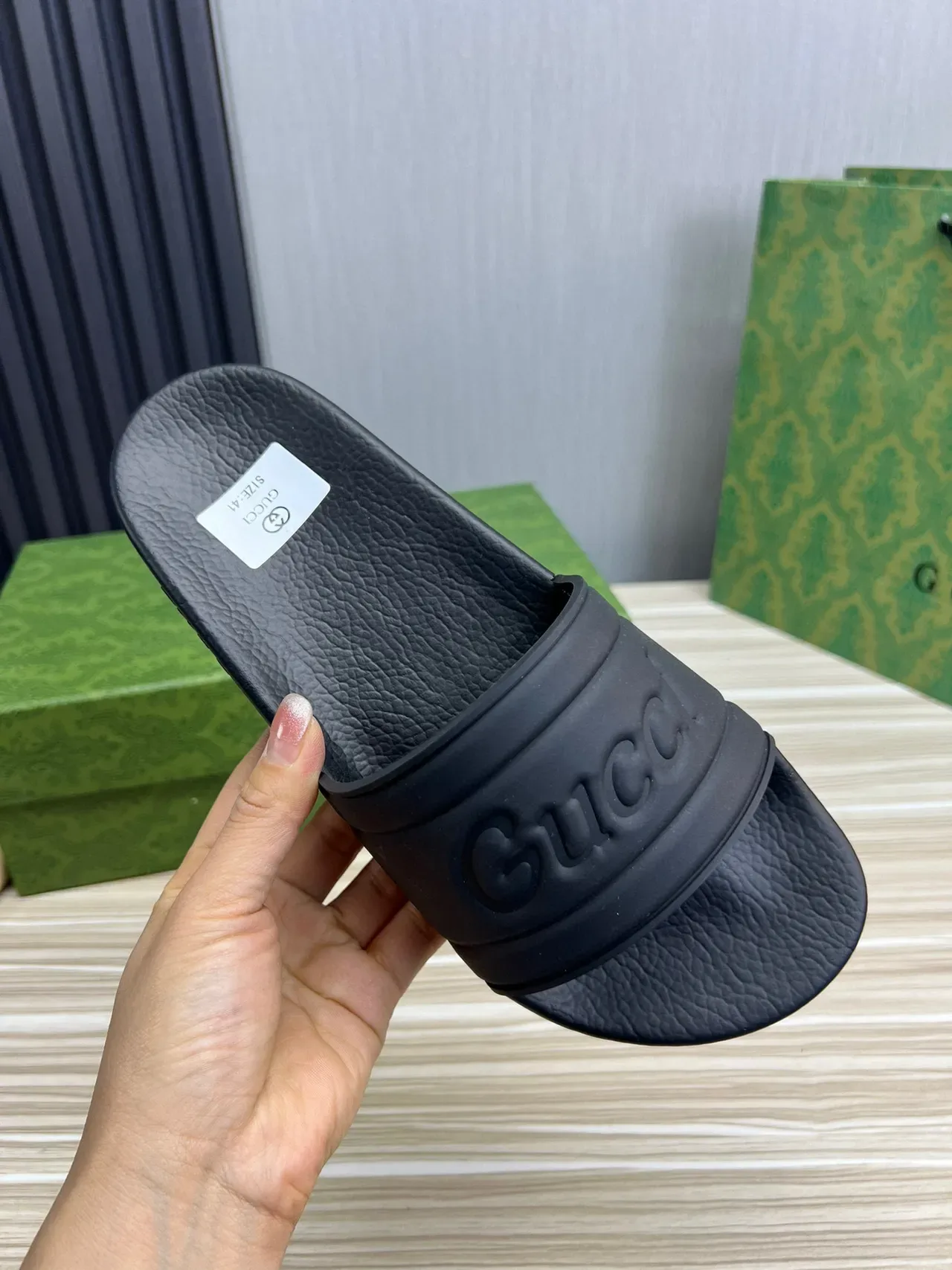 Gucci Slide Black Embossed Logo Strap Slippers 4