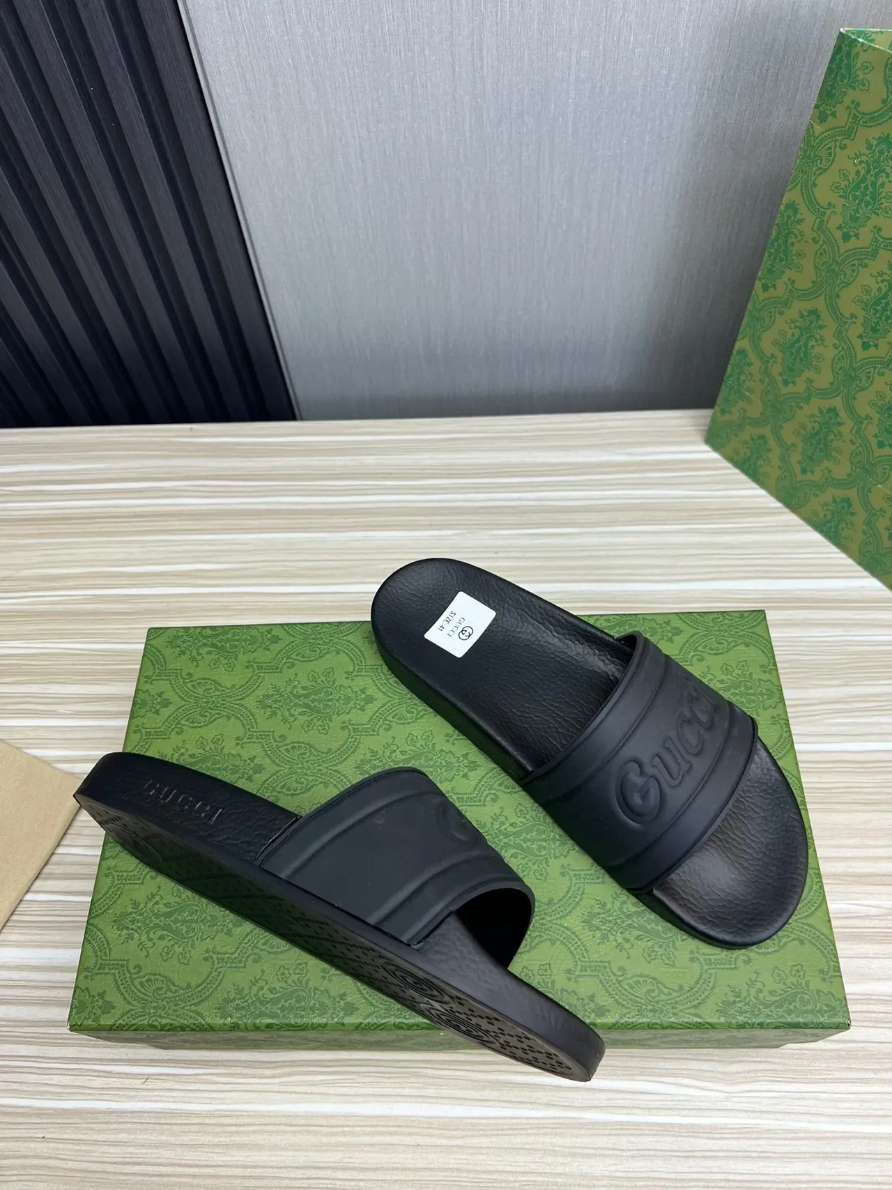 Gucci Slide Black Embossed Logo Strap Slippers 5