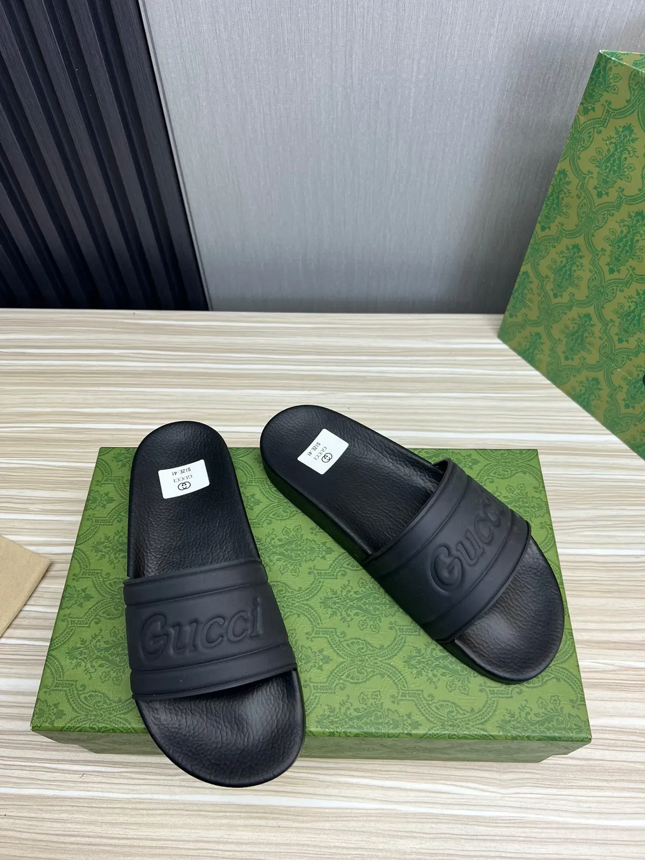 Gucci Slide Black Embossed Logo Strap Slippers 6