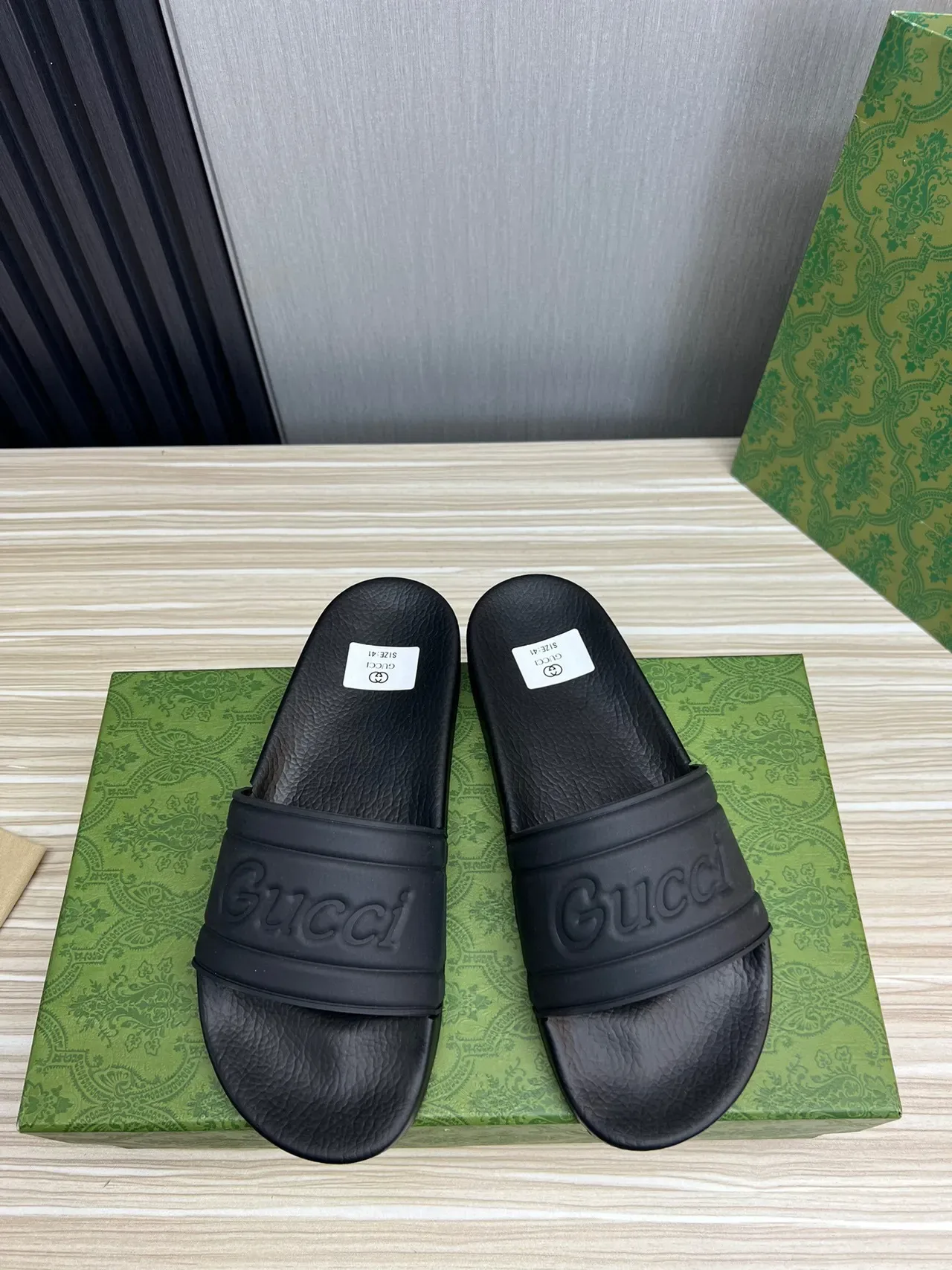 Gucci Slide Black Embossed Logo Strap Slippers 7