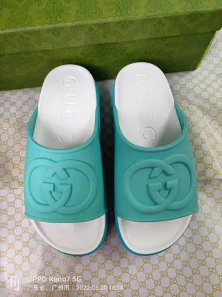 Gucci Slide Turquoise and White Molded Rubber Slippers 4