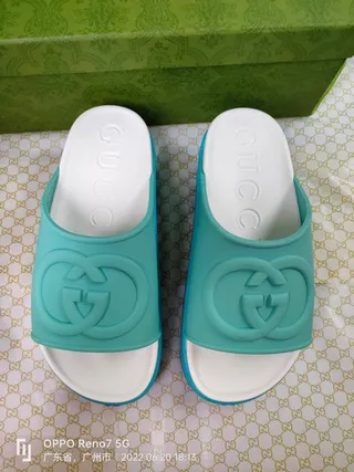 Gucci Slide Turquoise and White Molded Rubber Slippers 6