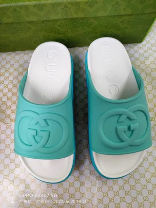 Gucci Slide Turquoise and White Molded Rubber Slippers 7