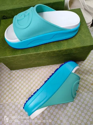 Gucci Slide Turquoise and White Molded Rubber Slippers 9