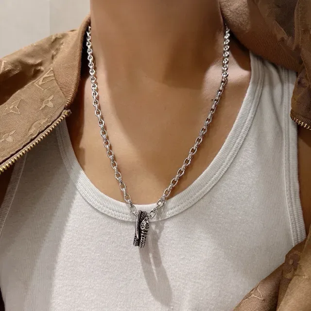 Gucci Snake Necklace Silver Black Chain Coiled Pendant Necklace 3