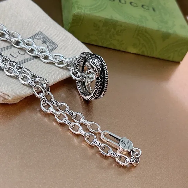 Gucci Snake Necklace Silver Black Chain Coiled Pendant Necklace 4