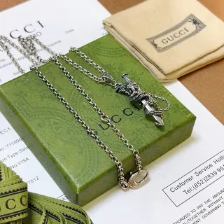 Gucci Sword and Dragon Pendant Silver Chain Necklace
