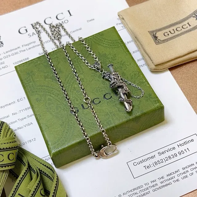 Gucci Sword and Dragon Pendant Silver Chain Necklace 4