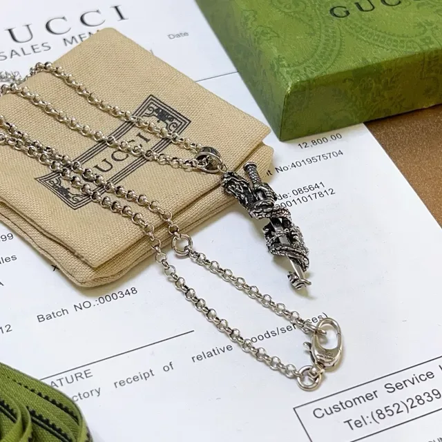 Gucci Sword and Dragon Pendant Silver Chain Necklace 7