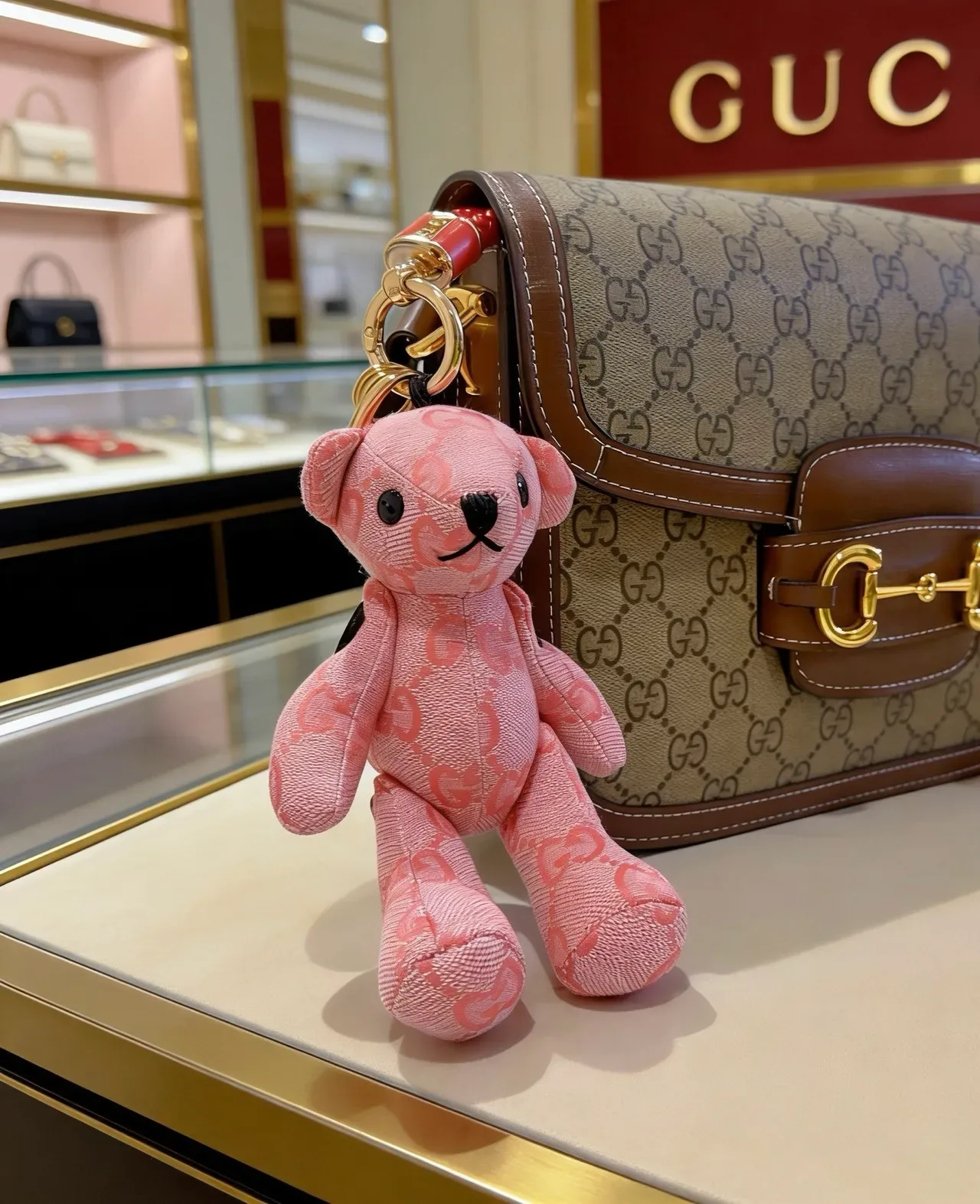 Gucci Teddy Bear Keychain Pink Black Plush GG Monogram Jacquard Fabric Handbag 2
