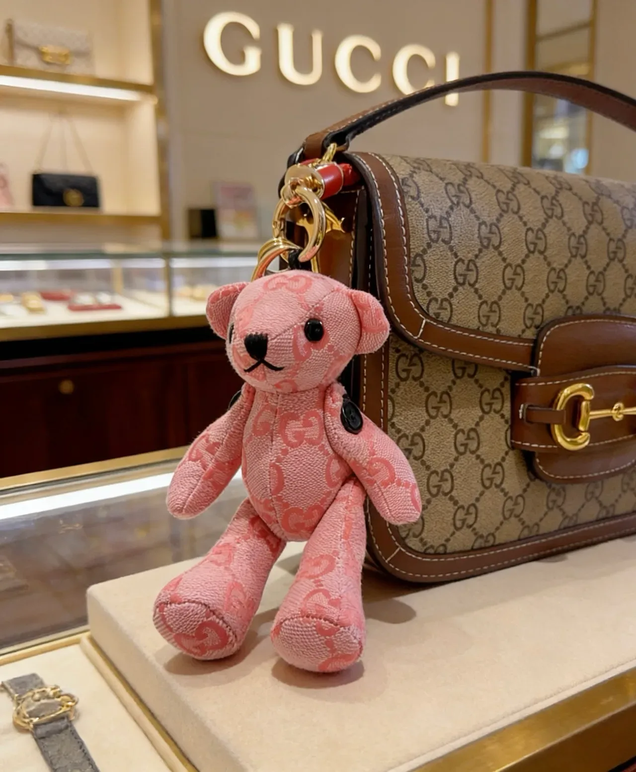 Gucci Teddy Bear Keychain Pink Black Plush GG Monogram Jacquard Fabric Handbag 3