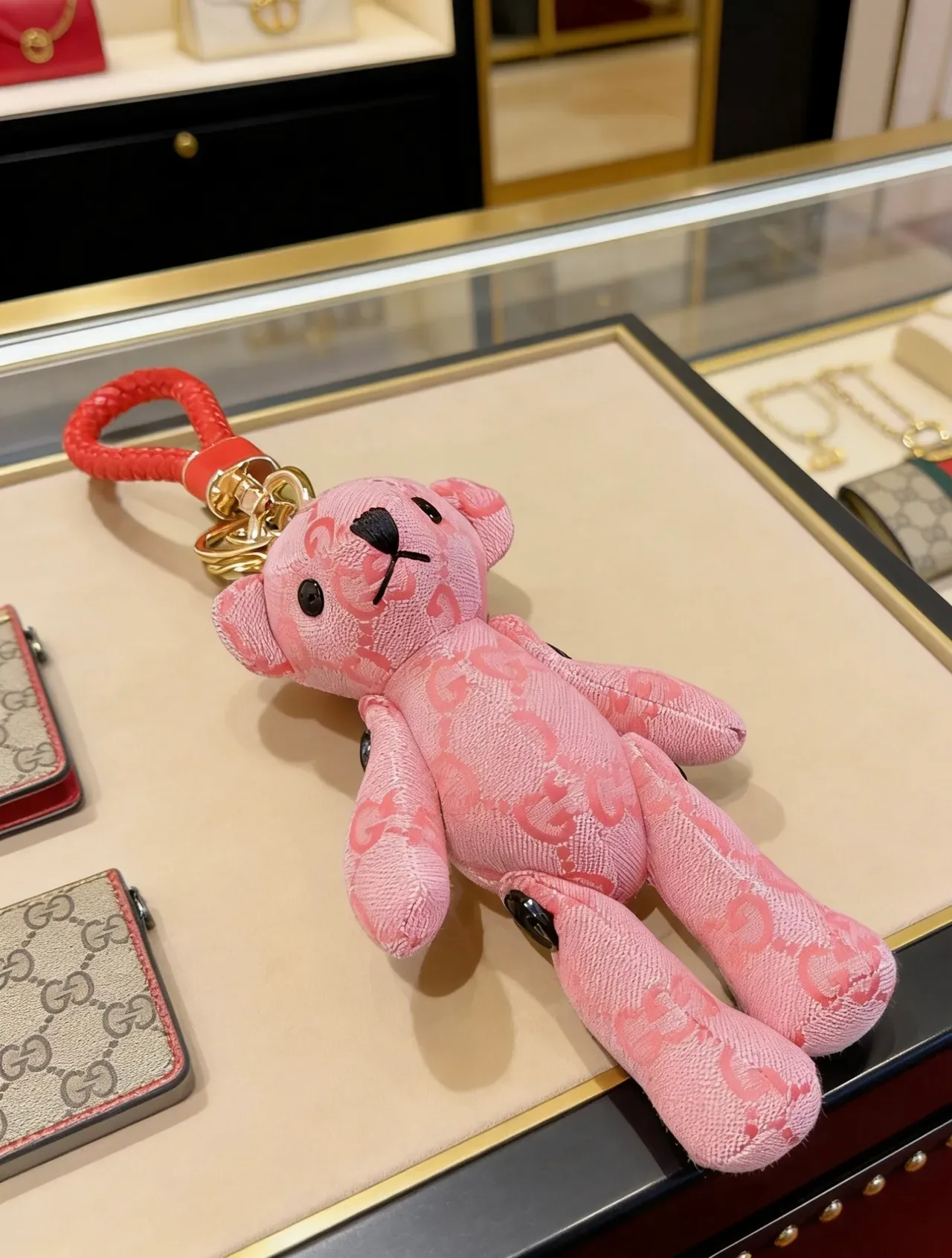 Gucci Teddy Bear Keychain Pink Black Plush GG Monogram Jacquard Fabric Handbag 4
