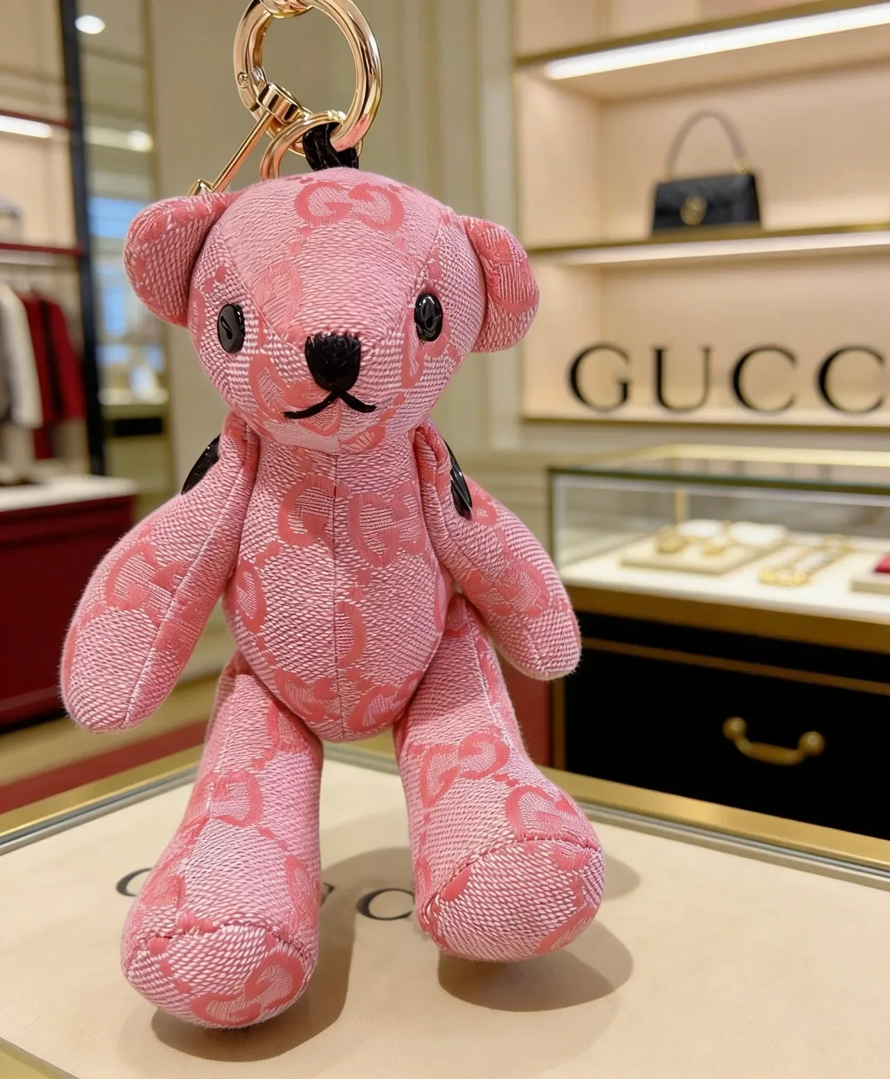 Gucci Teddy Bear Keychain Pink Black Plush GG Monogram Jacquard Fabric Handbag 5