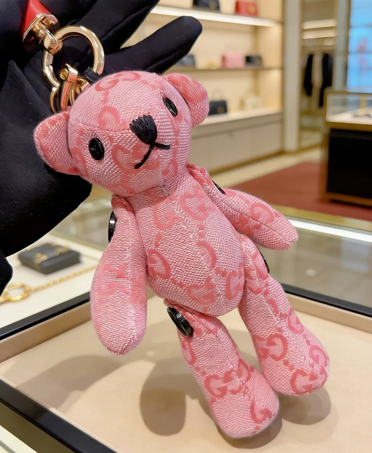 Gucci Teddy Bear Keychain Pink Black Plush GG Monogram Jacquard Fabric Handbag 6
