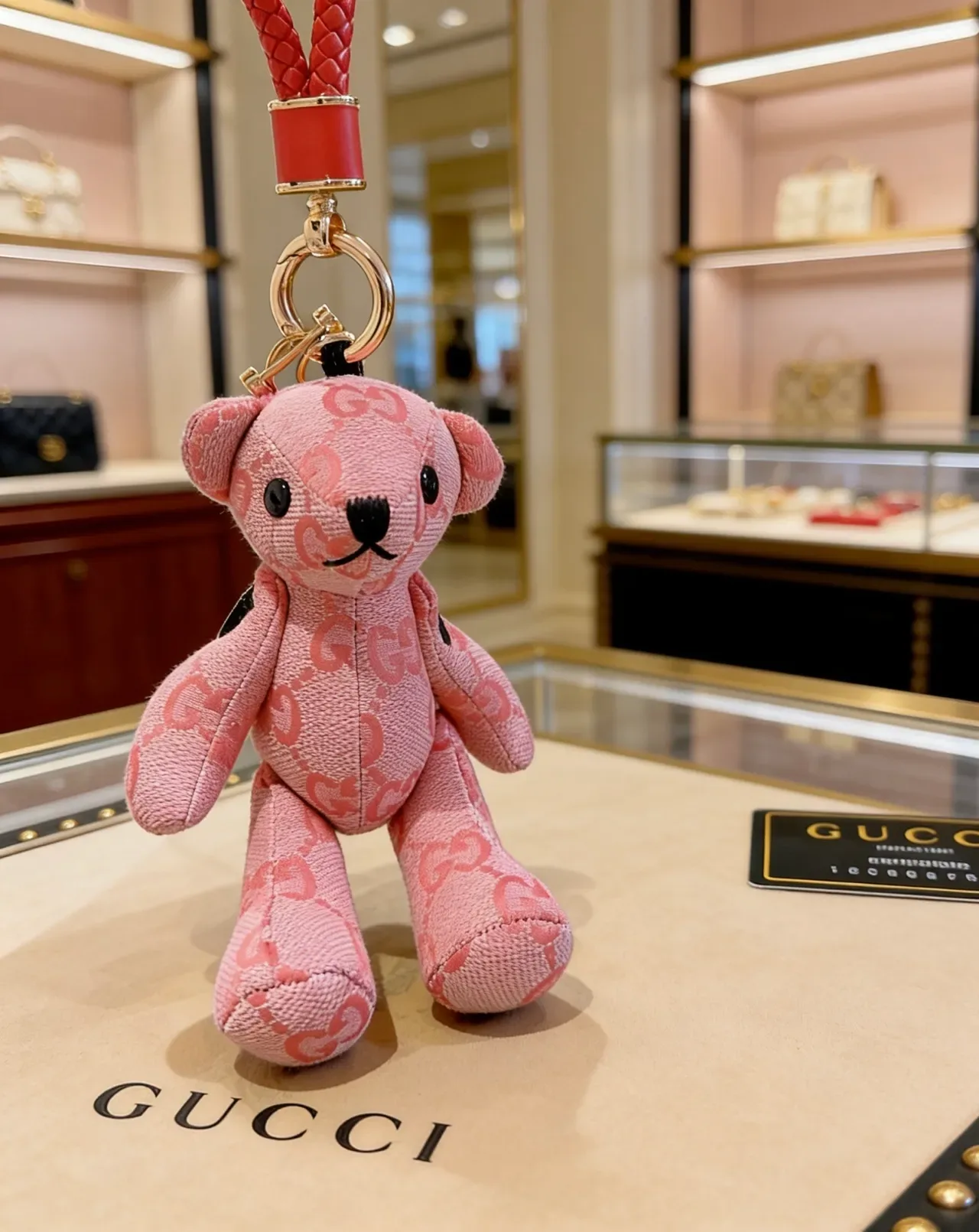 Gucci Teddy Bear Keychain Pink Black Plush GG Monogram Jacquard Fabric Handbag 7